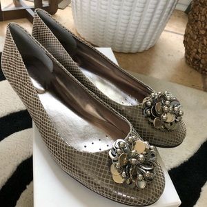 Calvin Klein Maxee metallic python flats.